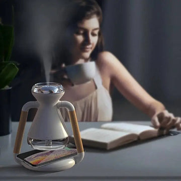 White and transparent glass aroma diffuser humidifier usb wireless with wooden handles and sleek modern design