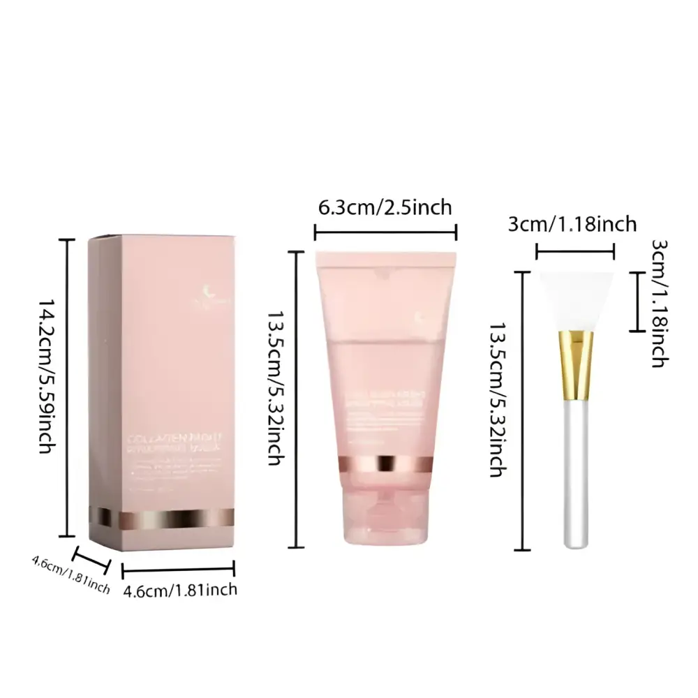 Pink hydrating collagen peel-off mask set with matching tube and silver brush for nighttime moisturizing care