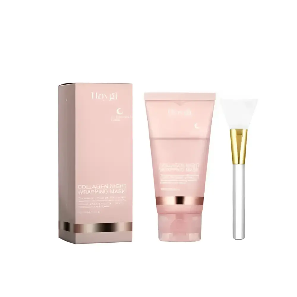 Pink hydrating collagen peel-off mask in sleek tube with gold accents, matching box, and silver brush with golden handle