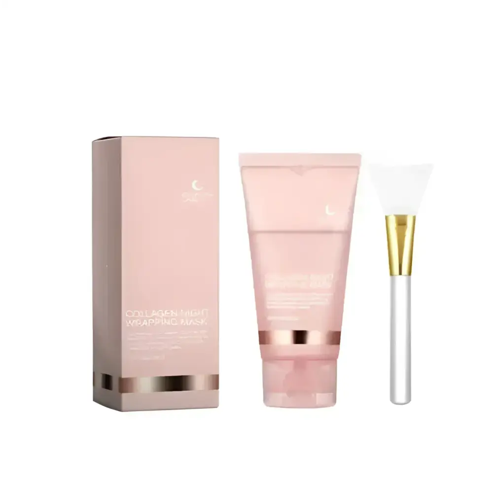 Pink rectangular box with gold trim and matching hydrating collagen peel-off mask tube beside silver brush with gold handle