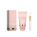 Pink collagen-rich hydrating collagen peel-off mask in translucent tube with rose gold accents, matching box, and silver brush