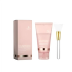 Pink collagen-rich hydrating collagen peel-off mask in translucent tube with rose gold accents, matching box, and silver brush