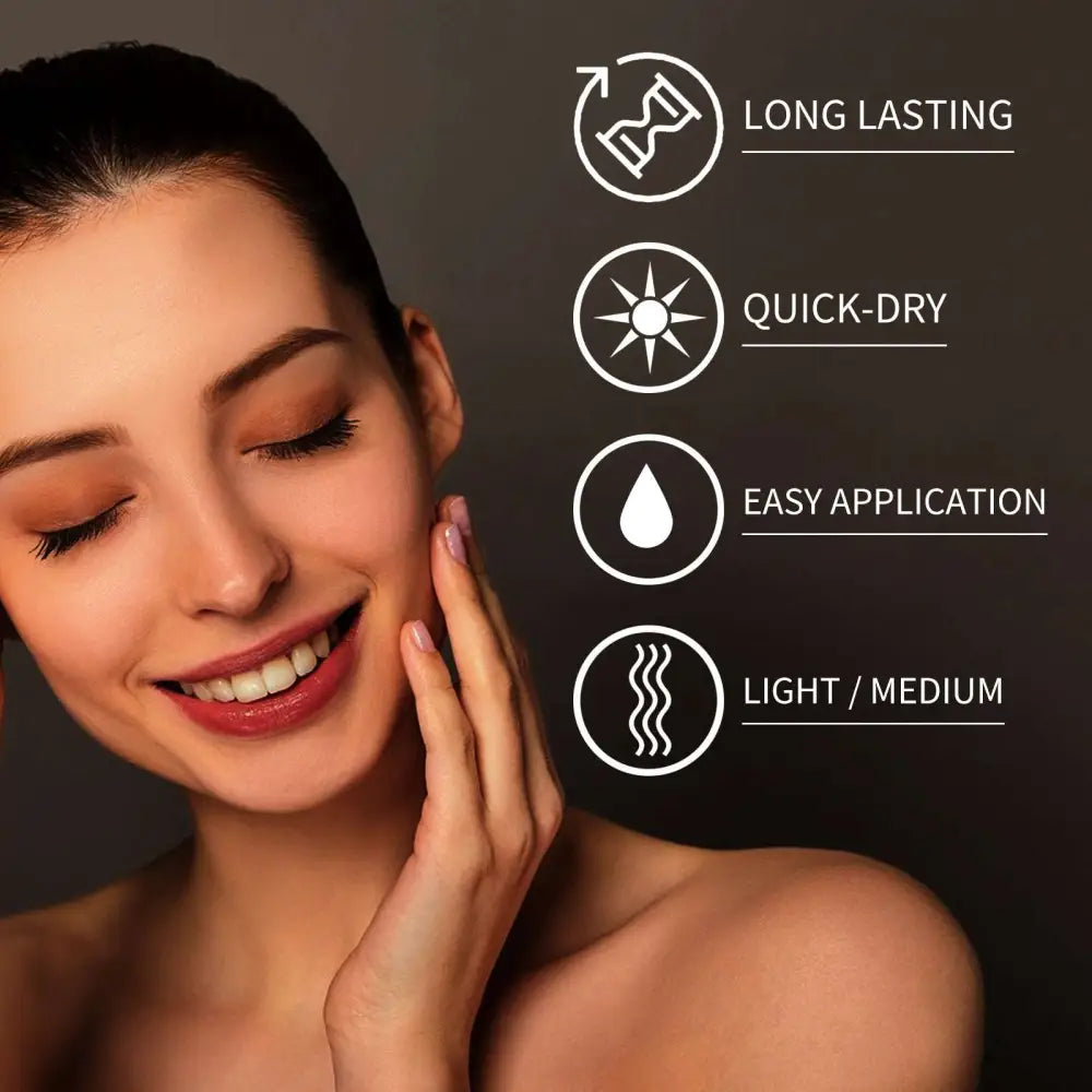 A woman with closed eyes and gentle smile gently touching her cheek using hydrating facial tanning essence