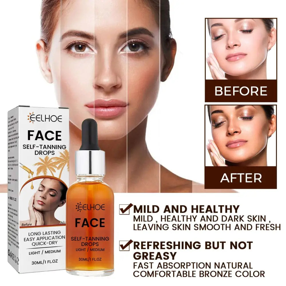 A clear glass bottle with silver dropper cap containing amber hydrating facial tanning essence self-tanning drops
