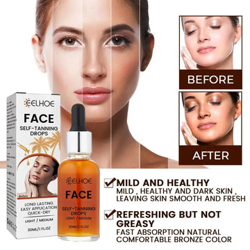 A clear glass bottle with silver dropper cap containing amber hydrating facial tanning essence self-tanning drops