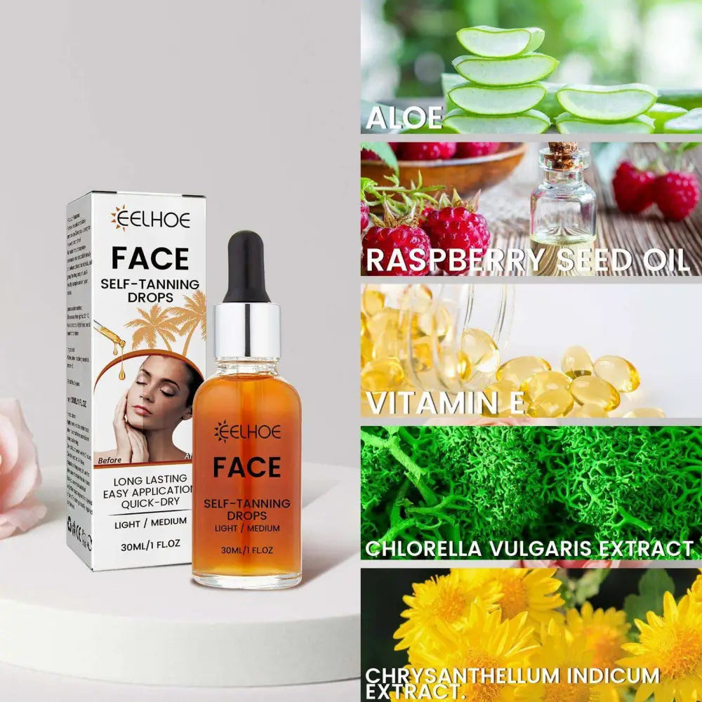 A sleek amber glass bottle with silver dropper cap labeled eelhoe face self-tanning drops beside its white box hydrating facial tanning essence