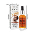 Clear glass bottle with silver dropper cap containing amber facial tanning essence self-tanning drops for hydrating use