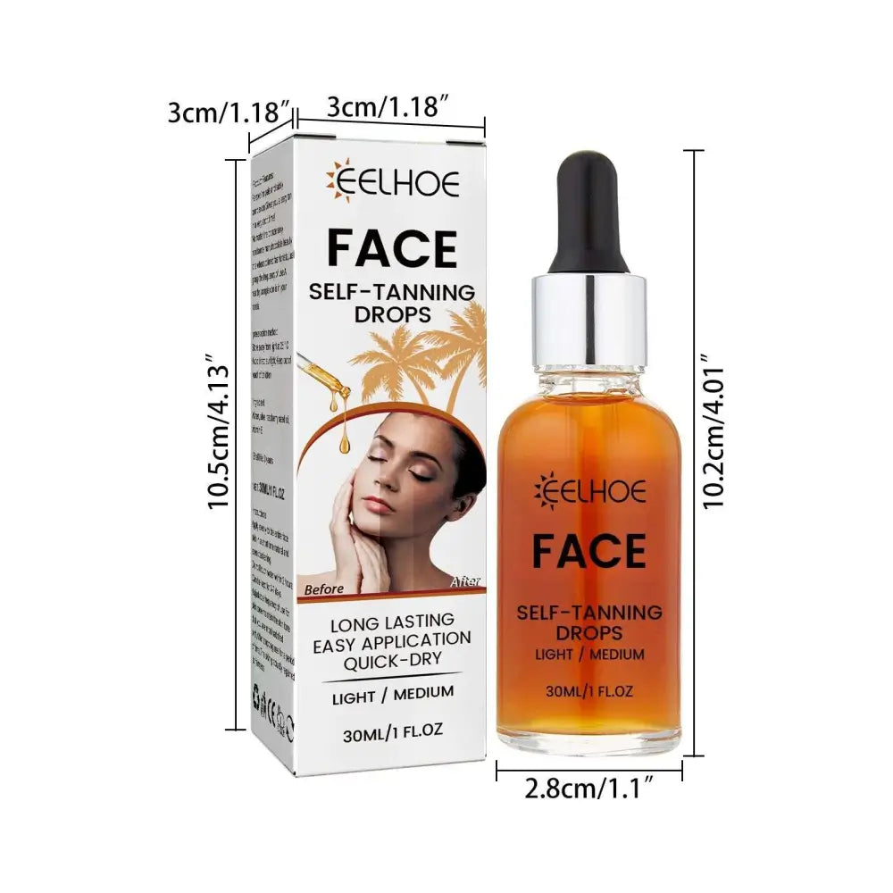 Clear glass bottle with silver dropper cap containing amber facial tanning essence self-tanning drops for hydrating use