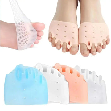Hyggear silicone toe separator 4 pairs in pink blue and white with perforated design for toe alignment and comfort