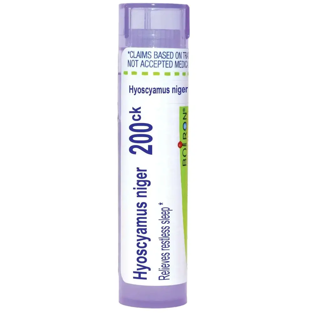 Purple-tinted cylindrical tube of boiron usa hyoscyamus niger 200ck homeopathic remedy from boiron single medicines