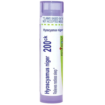 Purple-tinted cylindrical tube of boiron usa hyoscyamus niger 200ck homeopathic remedy from boiron single medicines
