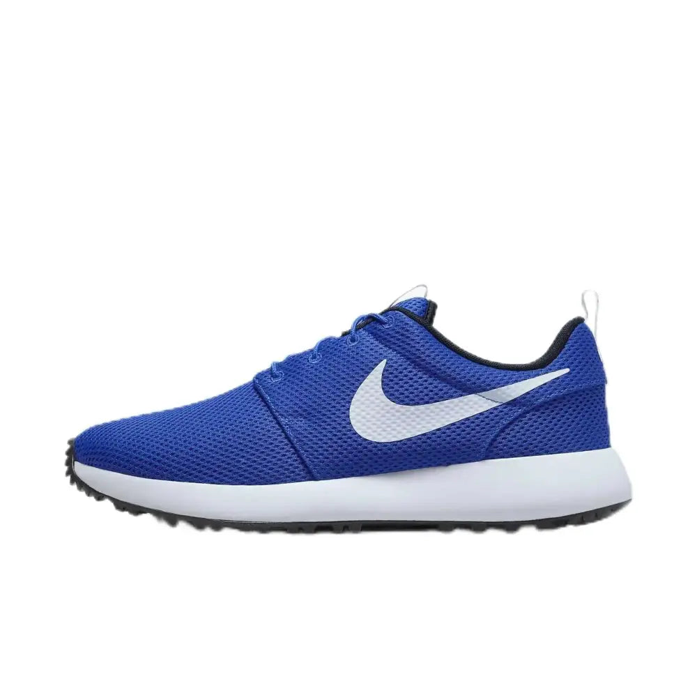 Blue nike roshe two running shoe with white swoosh and black accents on heel for hyper royal black mens golf use