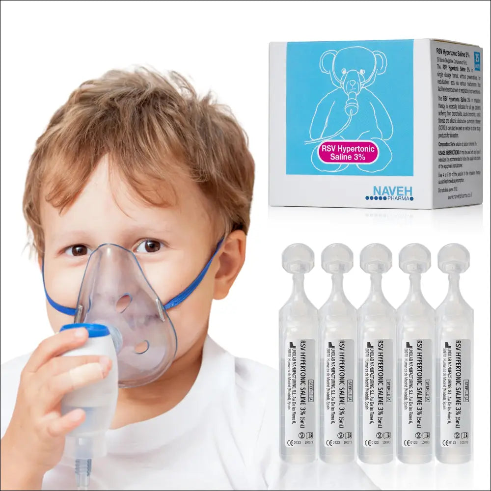 Blue and clear plastic nebulizer cup with white base for hypertonic saline treatment in luxury women’s fashion product pack