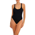 Black ibiza waves underwire swimsuit featuring textured shimmering fabric and thin shoulder straps in one-piece design