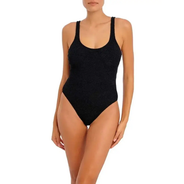 Black ibiza waves underwire swimsuit featuring textured shimmering fabric and thin shoulder straps in one-piece design