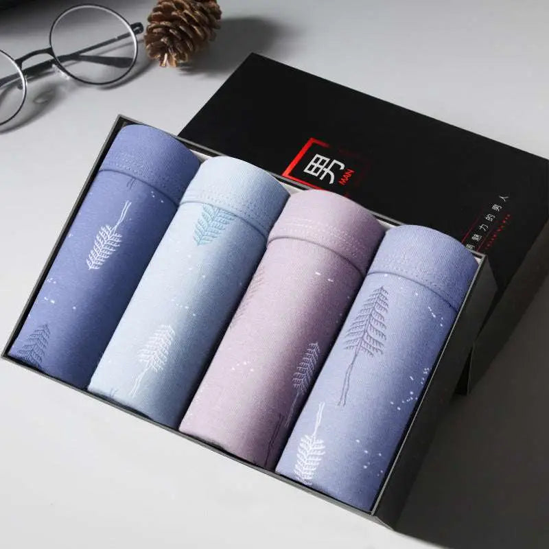 Set of four pastel-colored ice silk modal men’s boxer briefs with fern and star patterns in a black gift box multiple colour sets