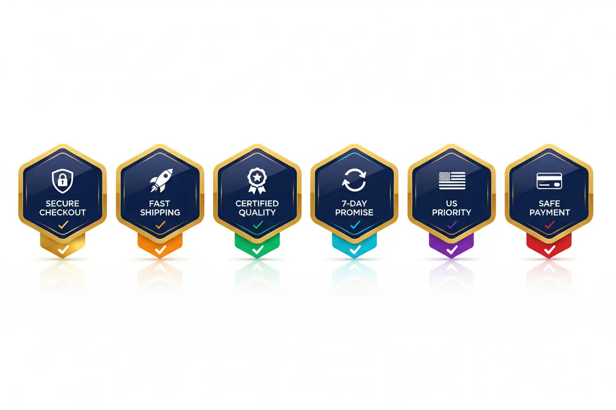 six hexagonal badges with gold borders and dark blue centers displaying white icons and text for secure checkout, fast shipping, certified quality, 7-day promise, us priority, and safe payment for a 16-colour remote control moon night table lamp.