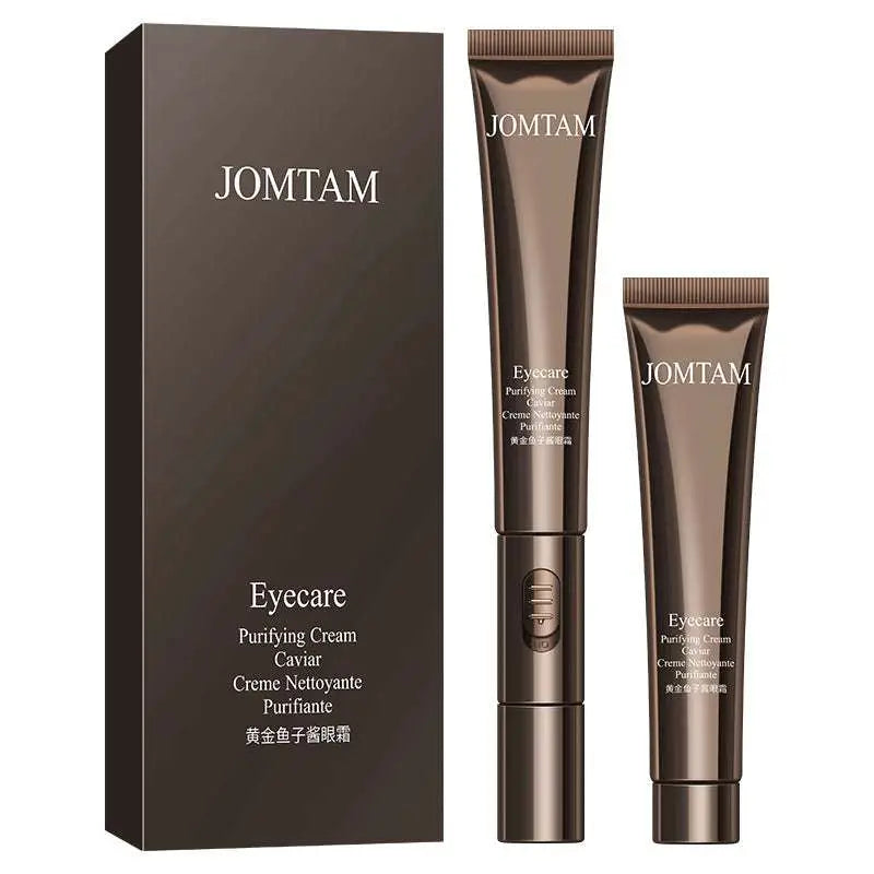Jomtam improve eye bags firming eye care purifying cream in sleek metallic brown tubes with facial device box packaging