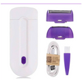 White and purple induction type lady hair removal device with interchangeable heads, usb charging cable, and cleaning brush for precise hair removal