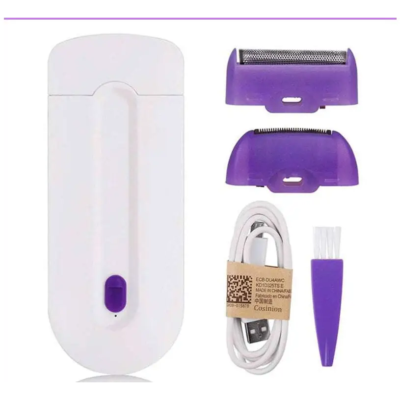White and purple induction type lady hair removal device with interchangeable heads, usb charging cable, and cleaning brush for precise hair removal