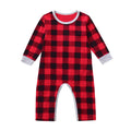 Infant baby boys girls christmas santa plaid romper in red and black plaid with gray trim long sleeves