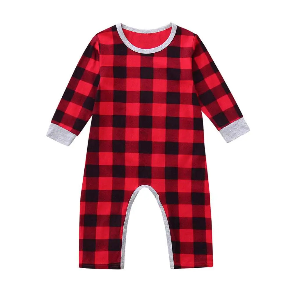 Infant baby boys girls christmas santa plaid romper in red and black plaid with gray trim long sleeves