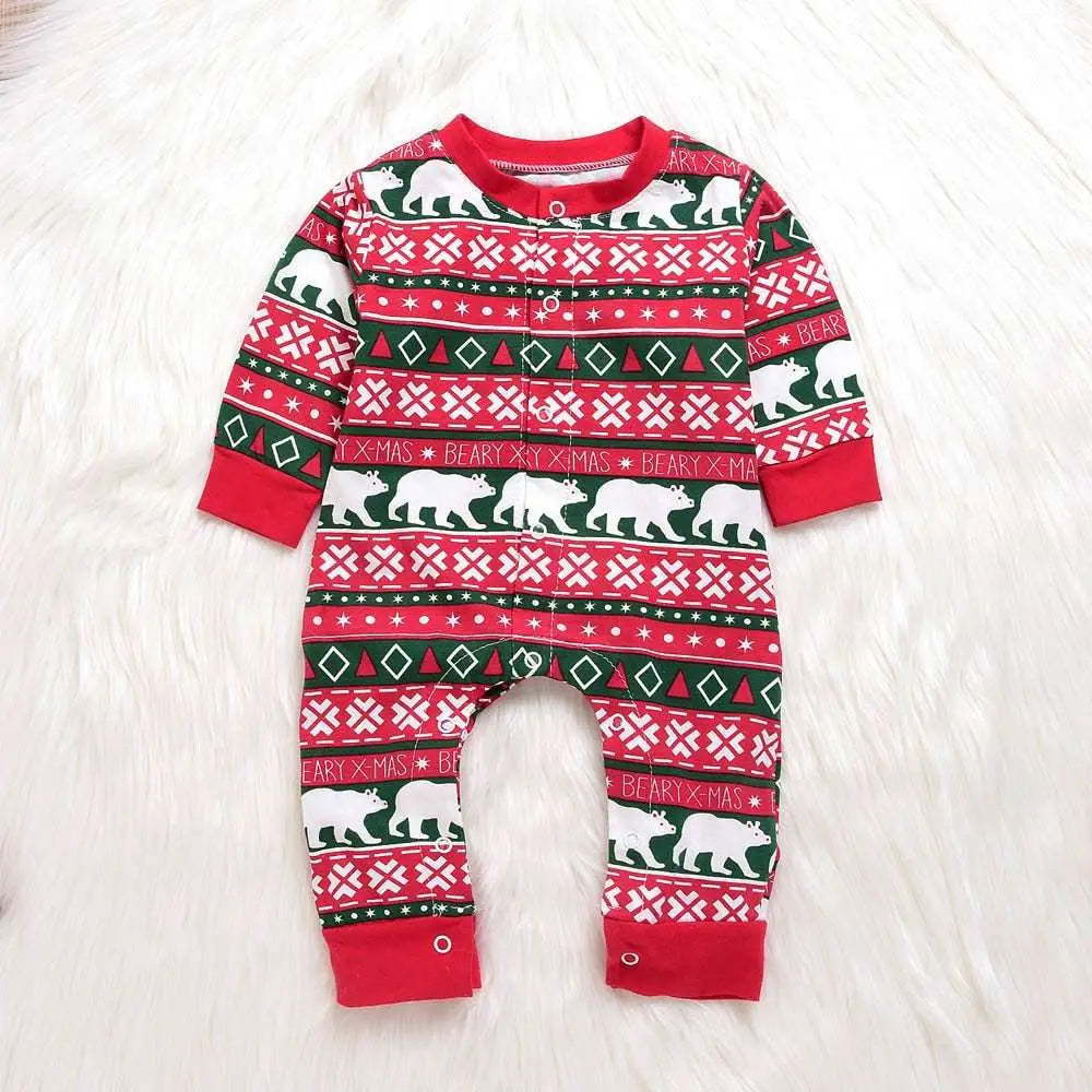 Infant baby boys girls christmas romper in red and green festive onesie with white bear prints and button front design