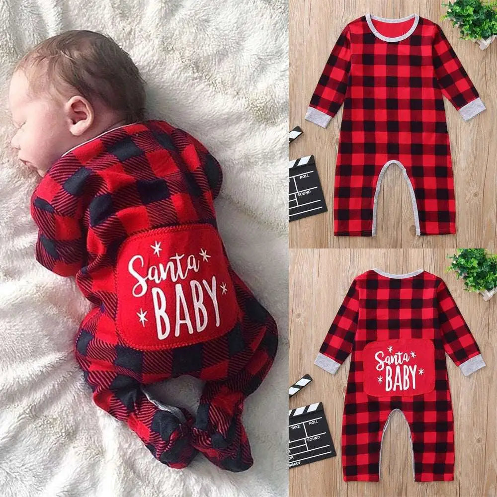 Back side of red and black plaid long-sleeved baby onesie with santa baby patch for boys girls christmas santa plaid romper