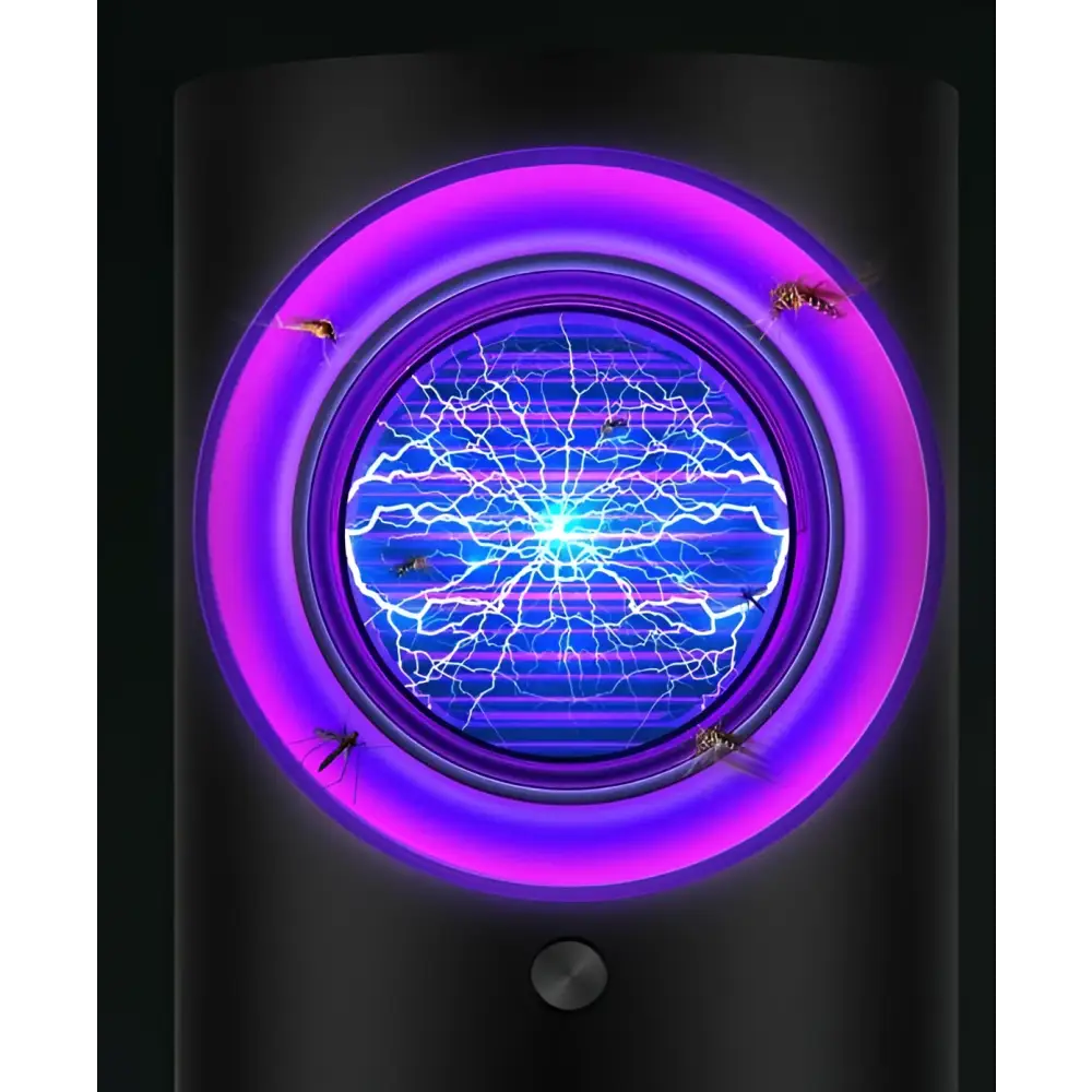 Purple and blue glowing cylindrical infant mosquito repellent physical insect trap with central electric field design