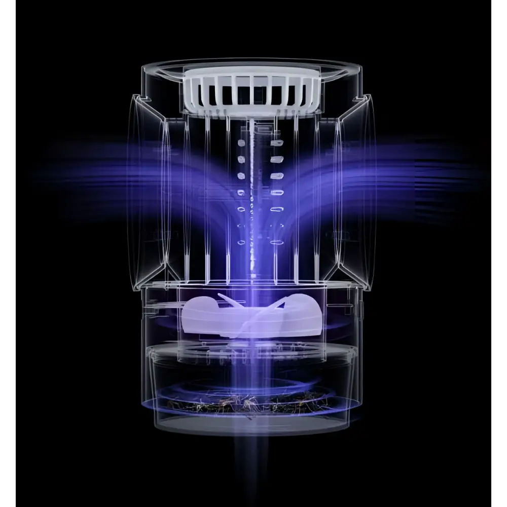 Transparent cylindrical infant mosquito repellent physical insect trap with white top grille and glowing purple light effects