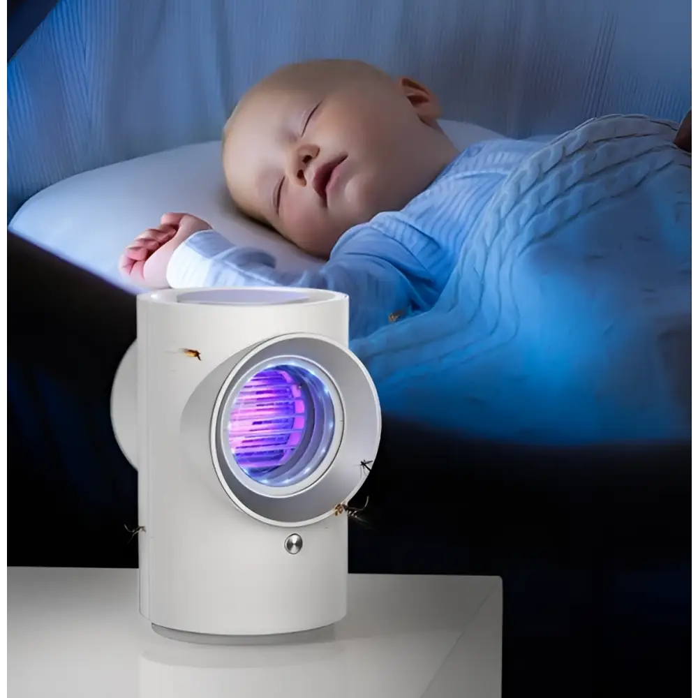 White cylindrical infant mosquito repellent physical insect trap with glowing purple light and circular mesh design