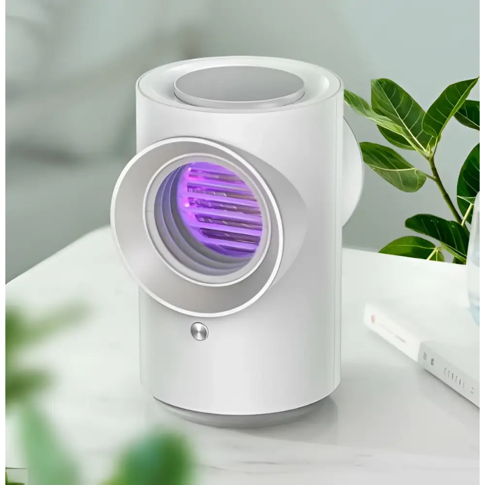 White cylindrical infant mosquito repellent physical insect trap with purple uv light panel and silver accents