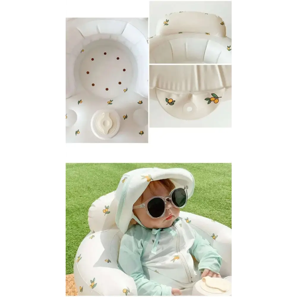 White inflatable baby chair with lemon and bee decals designed for dining and bath use