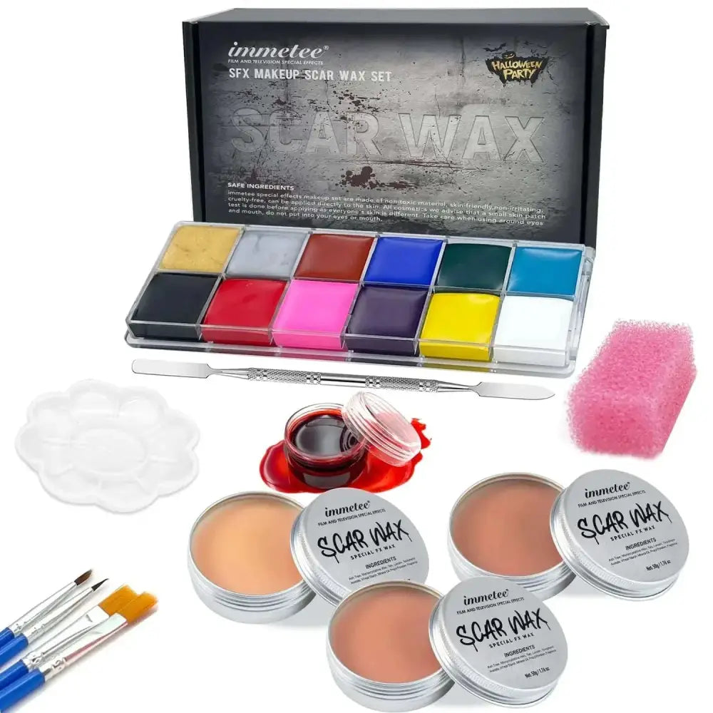 Inkwell sfx makeup kit with vibrant solid-colored waxes in metallic containers and skin extension oil for special effects use