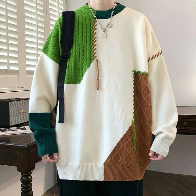 A chunky cream-colored ins colorblock pullover sweater with vibrant green and brown cable-knit details for winter fashion knitted wear