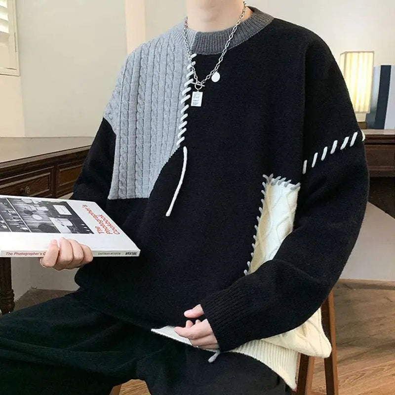 Black and gray cable knit colorblock pullover sweater with white stitching details winter fashion knitted top