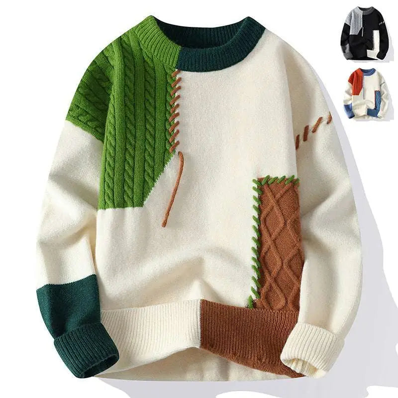 A cream knit ins colorblock pullover sweater with green brown and dark teal cable-knit patches for winter fashion