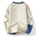 Cream-colored ins colorblock pullover sweater with blue and red stripes ribbed cuffs hem winter fashion knitted top