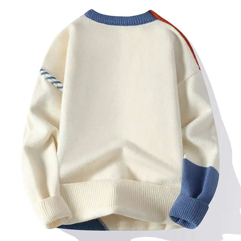 Cream-colored ins colorblock pullover sweater with blue and red stripes ribbed cuffs hem winter fashion knitted top