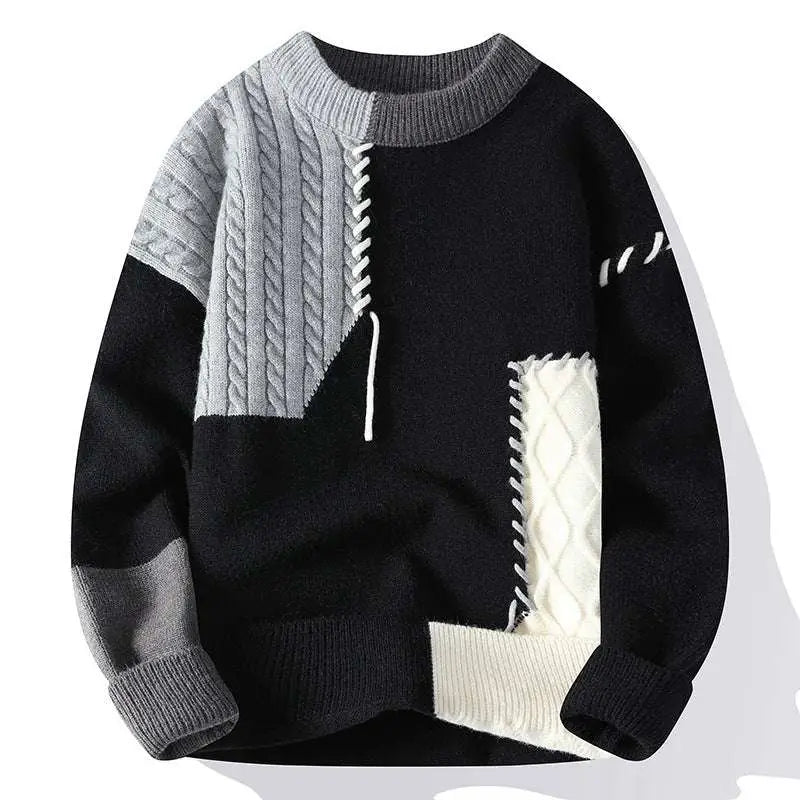 Black gray and cream-colored ins colorblock pullover sweater with textured cable-knit pattern for winter fashion knitted wear