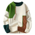 A cream-colored ins colorblock pullover sweater with green and brown cable-knit patches for winter fashion knitted wear