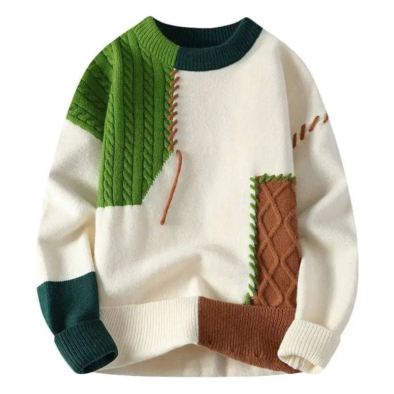 A cream-colored ins colorblock pullover sweater with green and brown cable-knit patches for winter fashion knitted wear