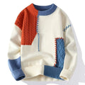 Cream-colored ins colorblock pullover sweater with bold orange and blue cable-knit panels for winter fashion knitted wear