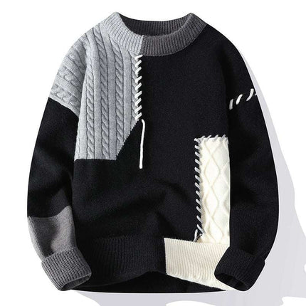 Ins Colorblock Pullover Sweater Winter Fashion Long Sleeve Knitted Top Men's Clothing - Royalessencelux