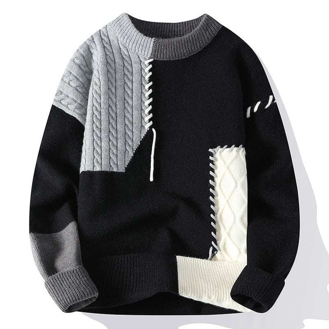 Ins Colorblock Pullover Sweater Winter Fashion Long Sleeve Knitted Top Men's Clothing - Royalessencelux