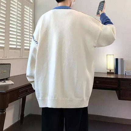 Ins Colorblock Pullover Sweater Winter Fashion Long Sleeve Knitted Top Men's Clothing - Royalessencelux