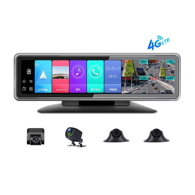 Black 4g lte car stereo with long touchscreen and four cameras for intelligent 4g360 panoramic positioning mirror cam