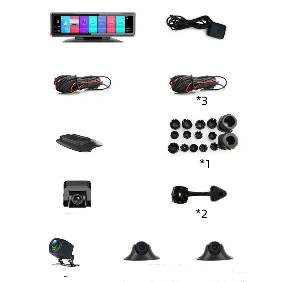 Black rectangular car infotainment system with touchscreen display featuring colorful apps and digital clock in intelligent 4g360 panoramic positioning mirror cam