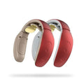 Intelligent cervical massager in red and beige with gold massage heads designed for effective neck relief