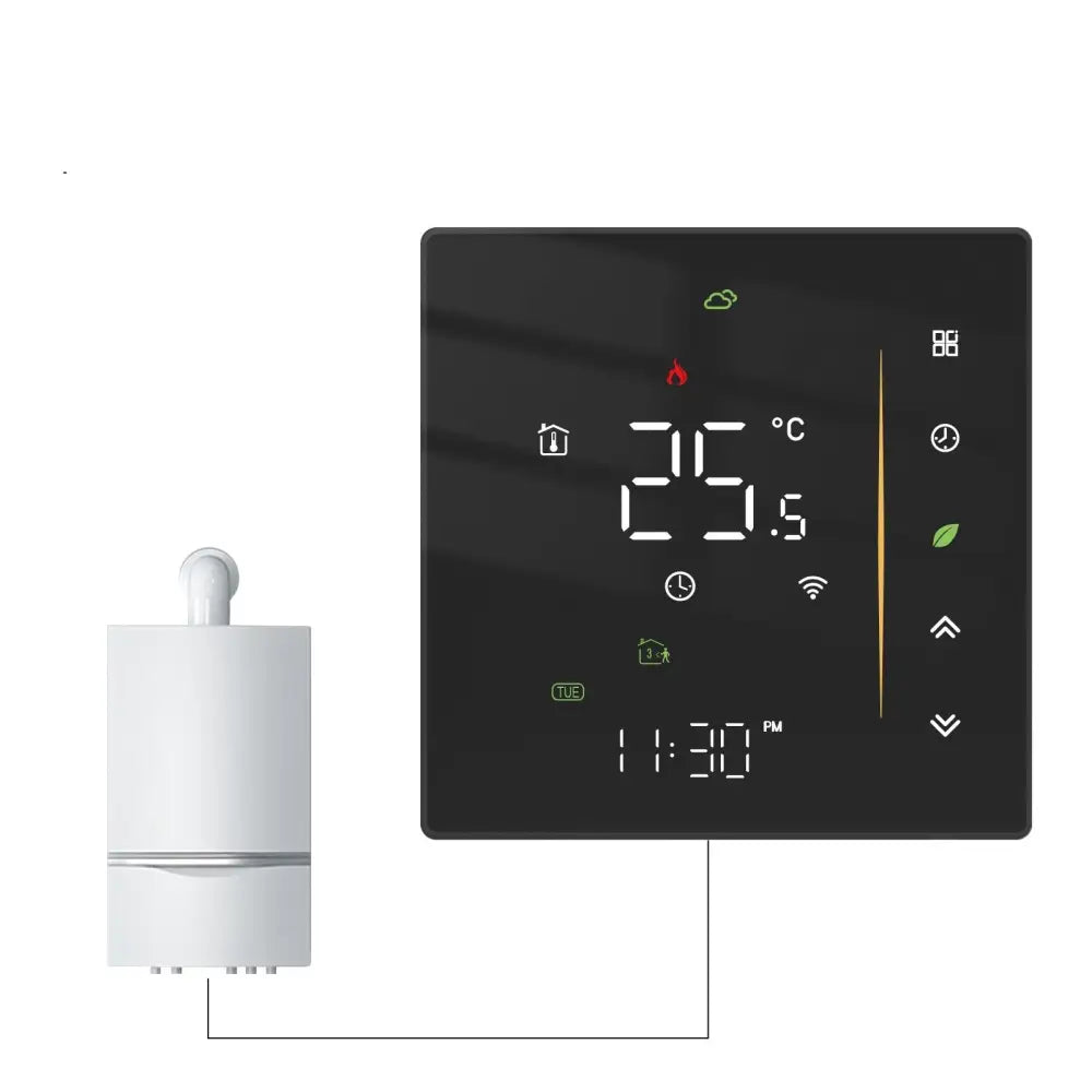White intelligent home heating digital thermostat switch displaying 25°c mounted on wall near heating components